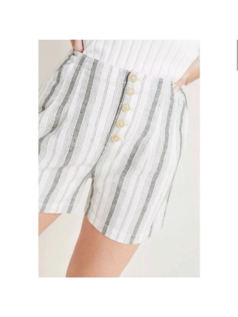 Anthropologie | High Rise Linen Shorts Green Striped
